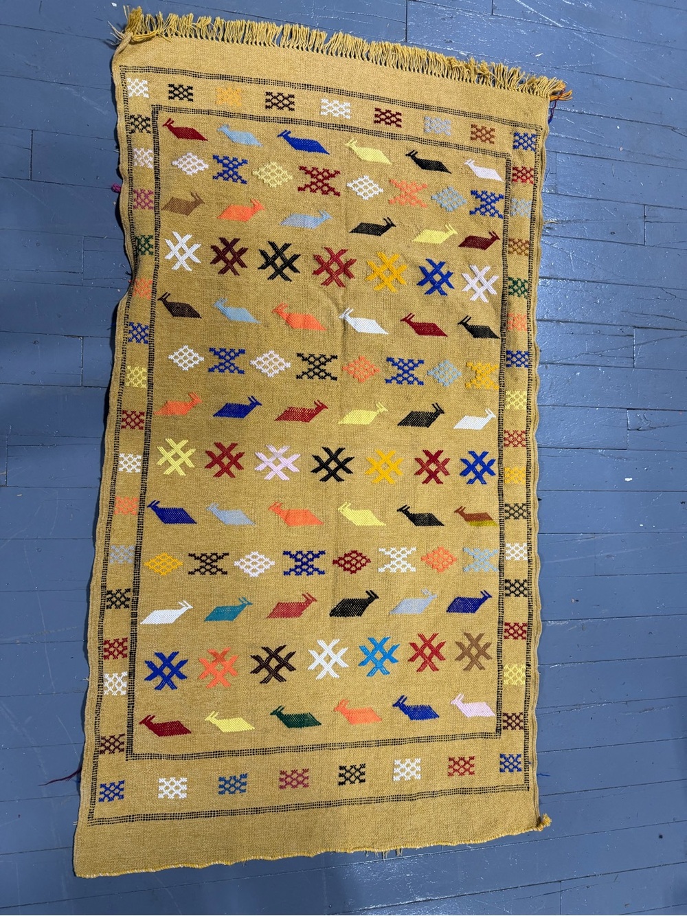 Mustard Yellow Handwoven Kilim-Style Throw with Multicolor Motifs